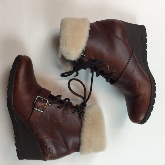 UGG Shoes - Ugg Jane Brown Leather Wedge heel booties 8.5 M